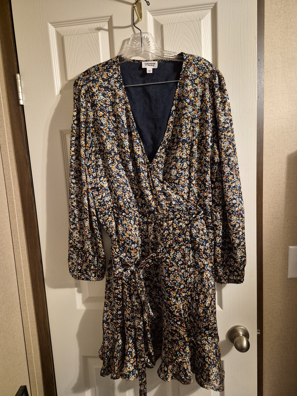 Floral Wrap Midi Dress in Navy with Yellow Blooms